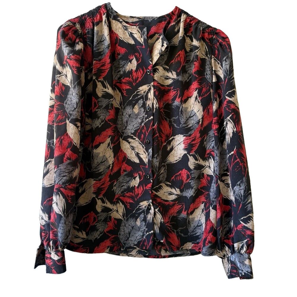 Vintage Pykettes Women’s Black Floral Chiffon V-Neck Long Sleeve Button Blouse